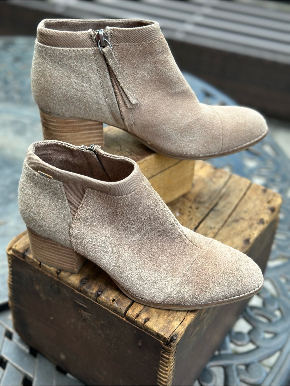 TOMS Taupe Mixed Material Ankle Booties Side Zip Low 2 in Heel